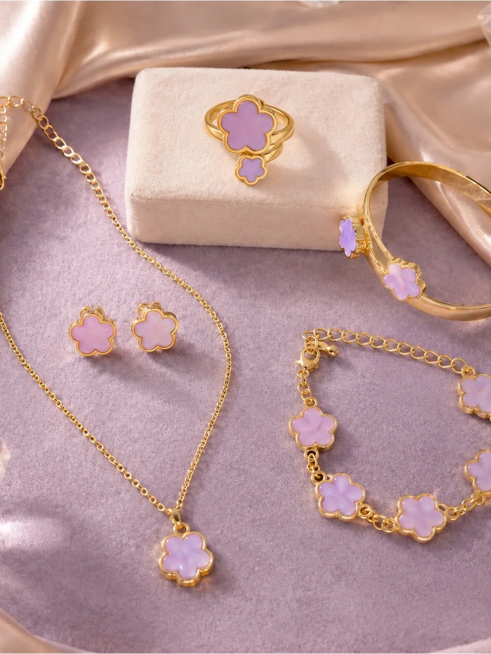 Gold-Plated Lilac Flower Jewelry 5 piece Set - Women Jewelry